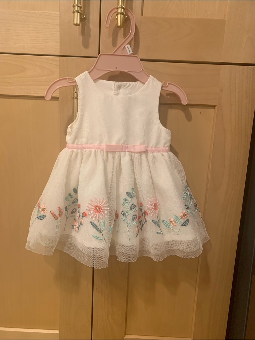 Newborn White and Pink Floral Embroidered Tulle Dress for Girls